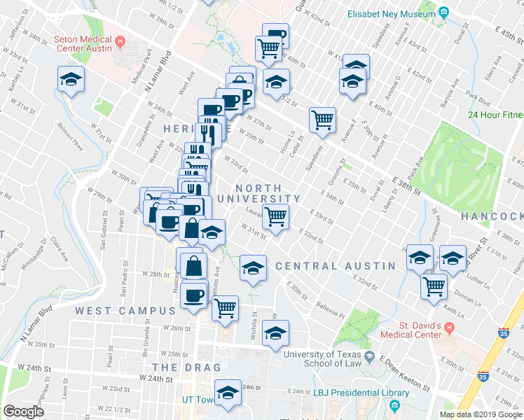 map of restaurants, bars, coffee shops, grocery stores, and more near 107 West 32nd Street in Austin