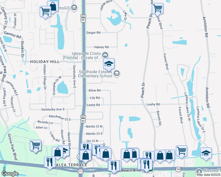 map of restaurants, bars, coffee shops, grocery stores, and more near 9787 Kline Road in Jacksonville
