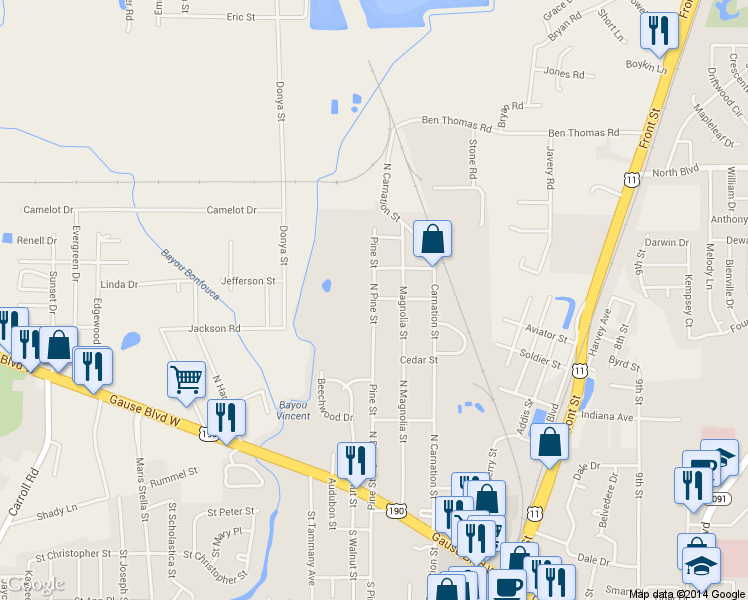 map of restaurants, bars, coffee shops, grocery stores, and more near 401 N Pine St in Slidell
