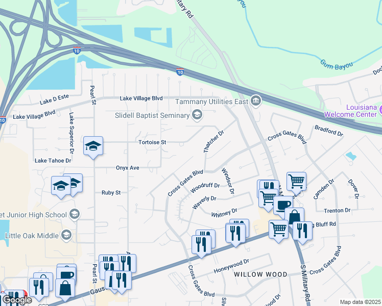 map of restaurants, bars, coffee shops, grocery stores, and more near 102 Aberdeen Drive in Slidell