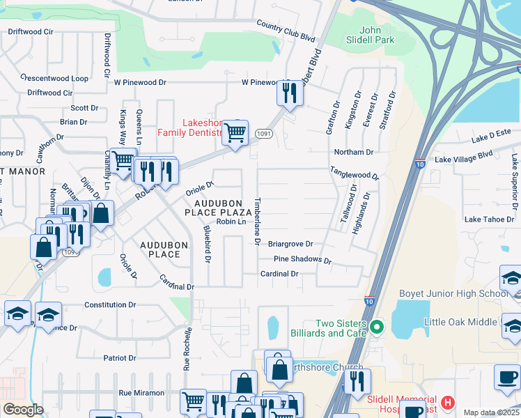 map of restaurants, bars, coffee shops, grocery stores, and more near 400 Rustling Pine Drive in Slidell