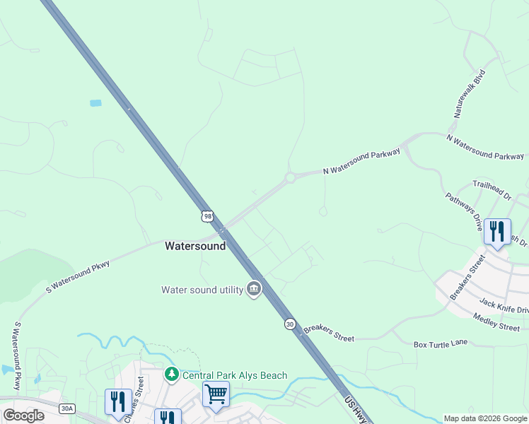 map of restaurants, bars, coffee shops, grocery stores, and more near 180 North Watersound Parkway in Panama City