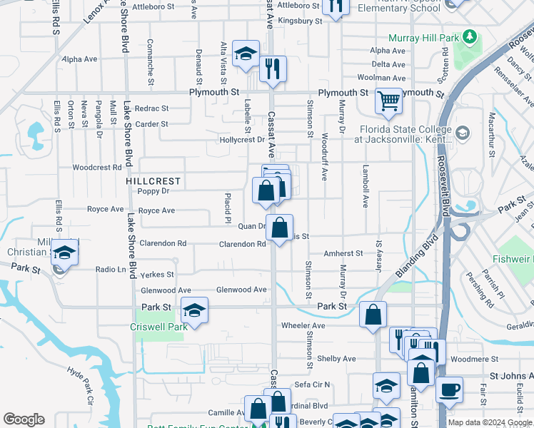 map of restaurants, bars, coffee shops, grocery stores, and more near 1368 Cassat Avenue in Jacksonville