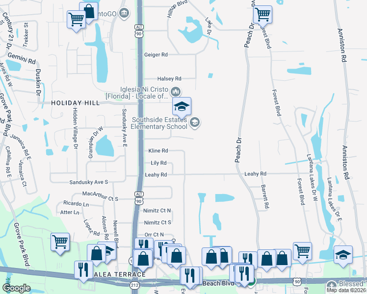 map of restaurants, bars, coffee shops, grocery stores, and more near 9787 Kline Road in Jacksonville