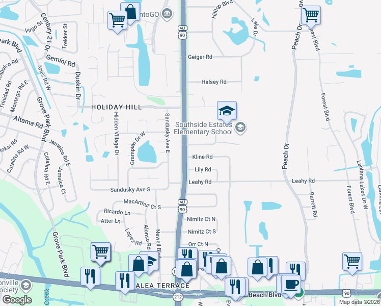 map of restaurants, bars, coffee shops, grocery stores, and more near 2655 Southside Boulevard in Jacksonville