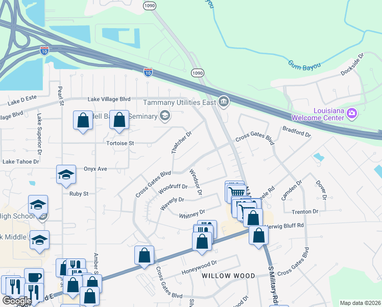map of restaurants, bars, coffee shops, grocery stores, and more near 111 Cardiff Court in Slidell