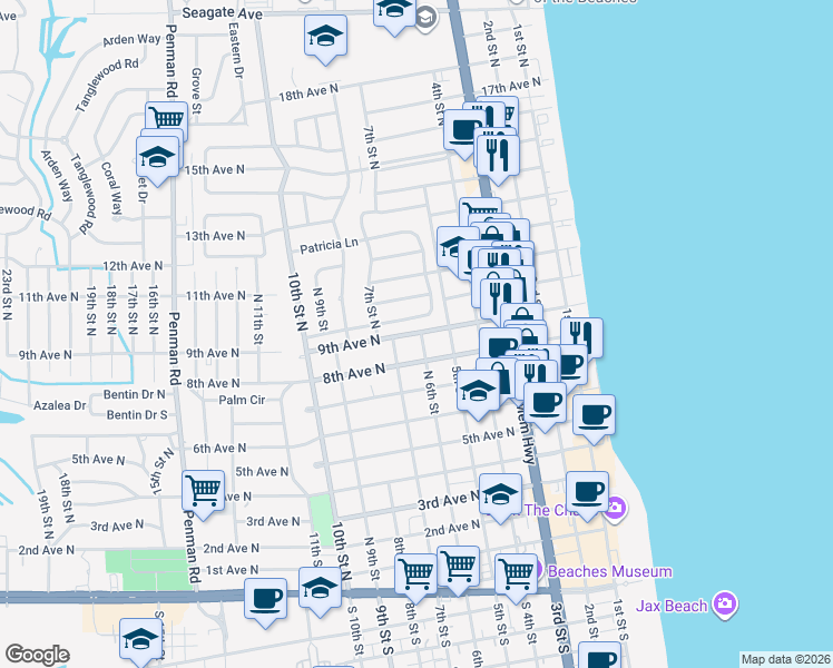 map of restaurants, bars, coffee shops, grocery stores, and more near 548 Barbara Lane in Jacksonville Beach