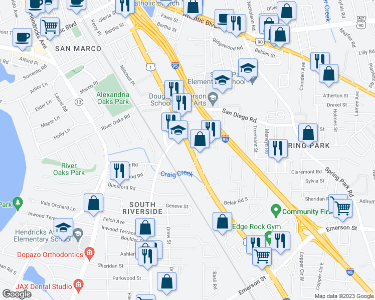 map of restaurants, bars, coffee shops, grocery stores, and more near 3114 U.S. 1 in Jacksonville