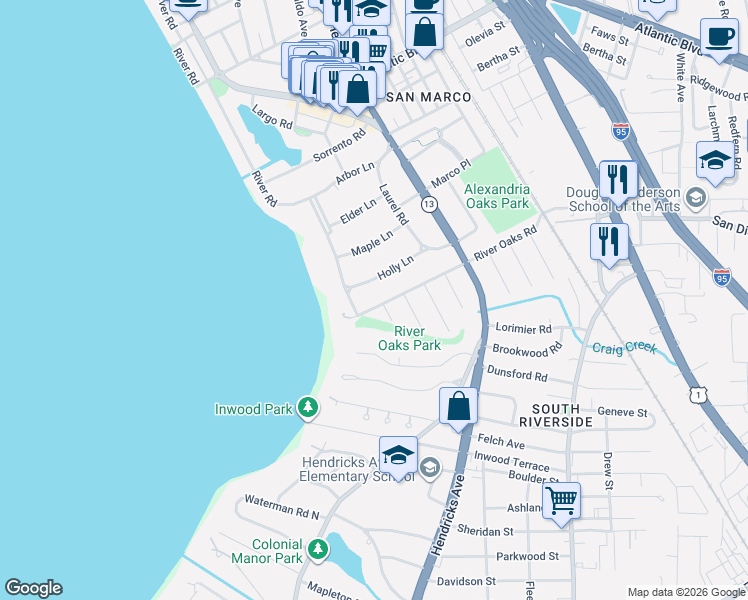 map of restaurants, bars, coffee shops, grocery stores, and more near 1031 River Oaks Road in Jacksonville