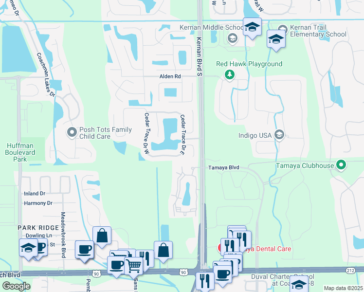 map of restaurants, bars, coffee shops, grocery stores, and more near 2516 Cedar Trace Drive East in Jacksonville