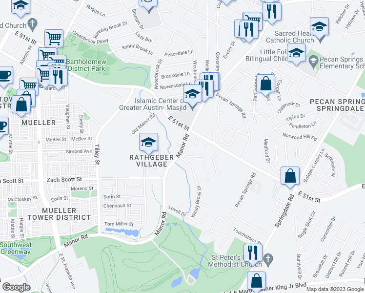 map of restaurants, bars, coffee shops, grocery stores, and more near Manor Road & Manor Circle in Austin