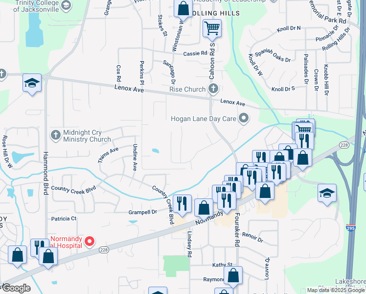 map of restaurants, bars, coffee shops, grocery stores, and more near 1457 Knudson Drive in Jacksonville