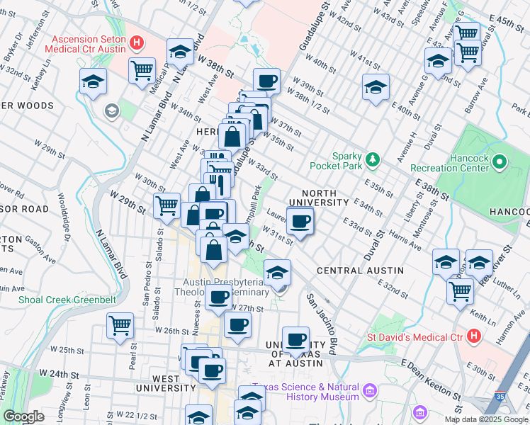 map of restaurants, bars, coffee shops, grocery stores, and more near 3117 Hemphill Park in Austin