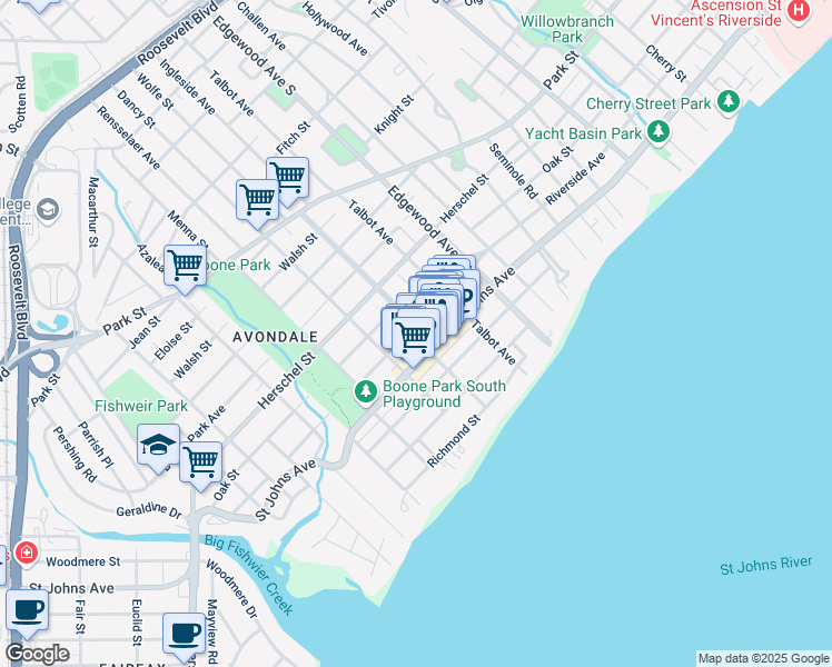 map of restaurants, bars, coffee shops, grocery stores, and more near 3602 Riverside Avenue in Jacksonville