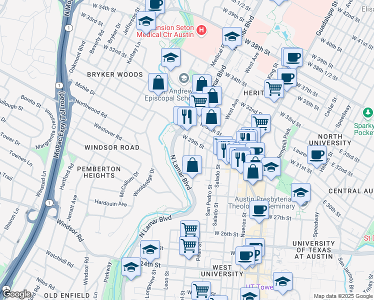 map of restaurants, bars, coffee shops, grocery stores, and more near 2841 Shoal Crest Avenue in Austin