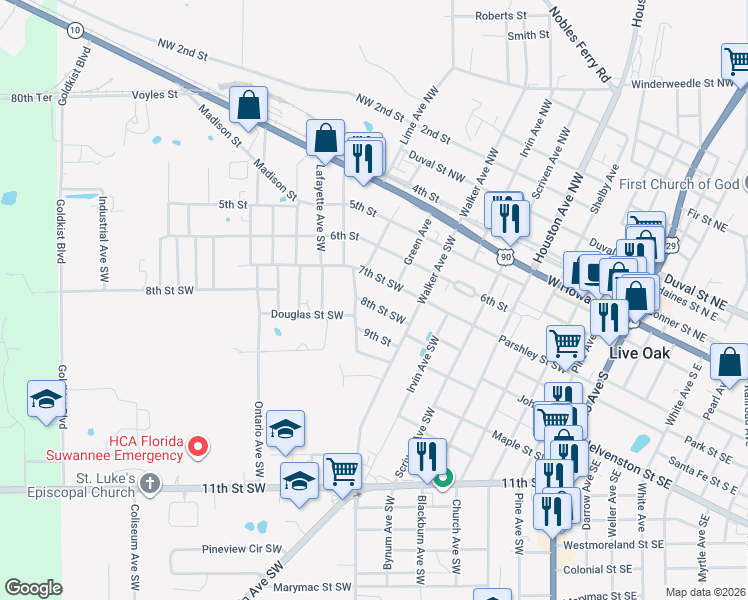 map of restaurants, bars, coffee shops, grocery stores, and more near 830 8th Street Southwest in Live Oak