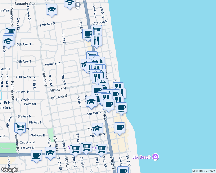 map of restaurants, bars, coffee shops, grocery stores, and more near 281 8th Avenue North in Jacksonville Beach