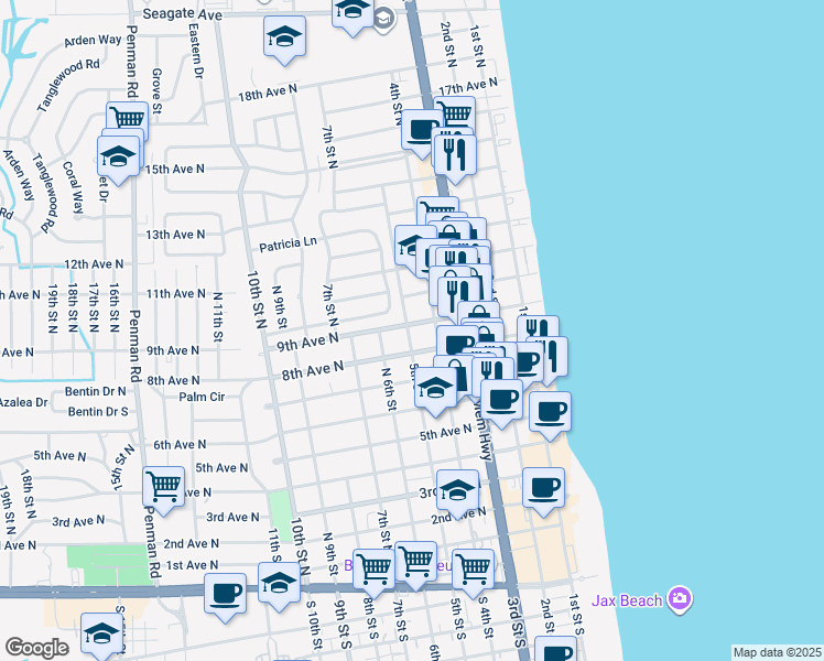 map of restaurants, bars, coffee shops, grocery stores, and more near 500 9th Avenue North in Jacksonville Beach
