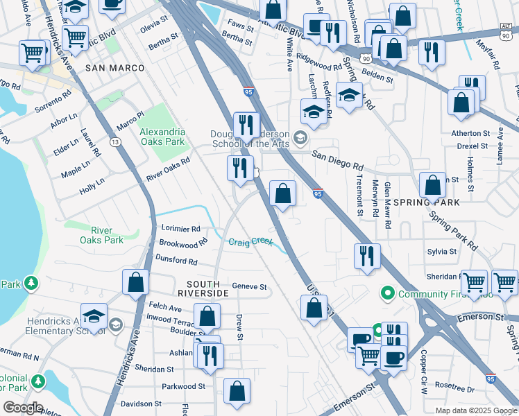map of restaurants, bars, coffee shops, grocery stores, and more near 3114 U.S. 1 in Jacksonville