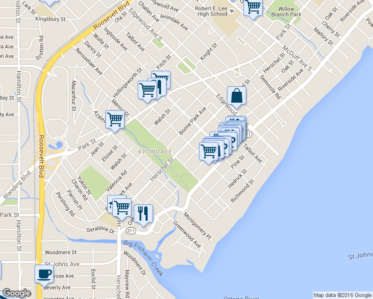 map of restaurants, bars, coffee shops, grocery stores, and more near 3665 Herschel Street in Jacksonville