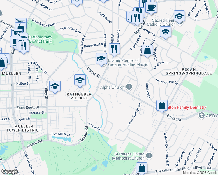 map of restaurants, bars, coffee shops, grocery stores, and more near 5002 Blue Spruce Circle in Austin