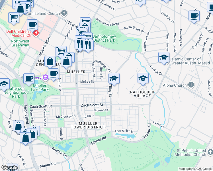 map of restaurants, bars, coffee shops, grocery stores, and more near 2601 McBee Street in Austin