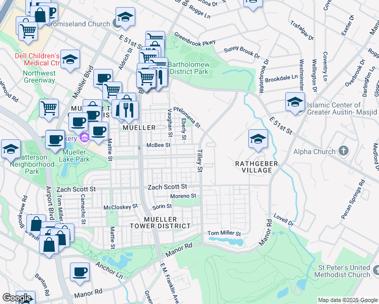 map of restaurants, bars, coffee shops, grocery stores, and more near 2601 McBee Street in Austin