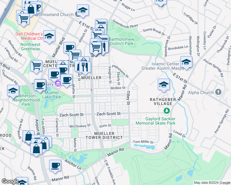 map of restaurants, bars, coffee shops, grocery stores, and more near 2601 McBee Street in Austin
