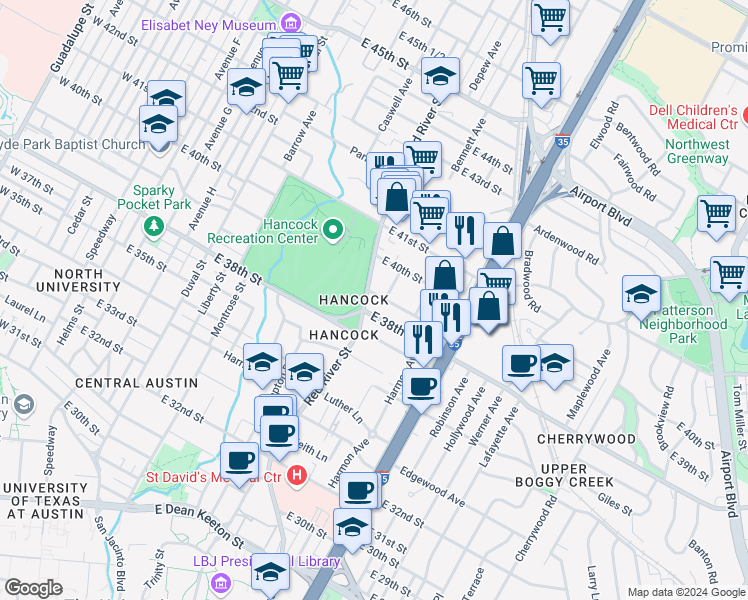 map of restaurants, bars, coffee shops, grocery stores, and more near 3901 Becker Avenue in Austin