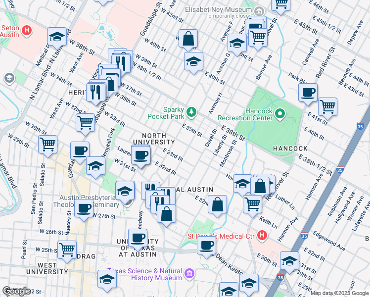 map of restaurants, bars, coffee shops, grocery stores, and more near 311 East 34th Street in Austin