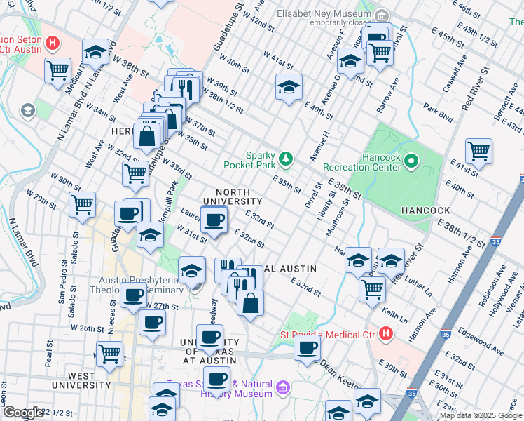 map of restaurants, bars, coffee shops, grocery stores, and more near 208 East 33rd Street in Austin