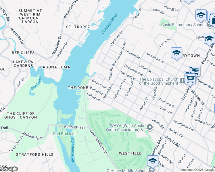 map of restaurants, bars, coffee shops, grocery stores, and more near 3604 Bridle Path in Austin