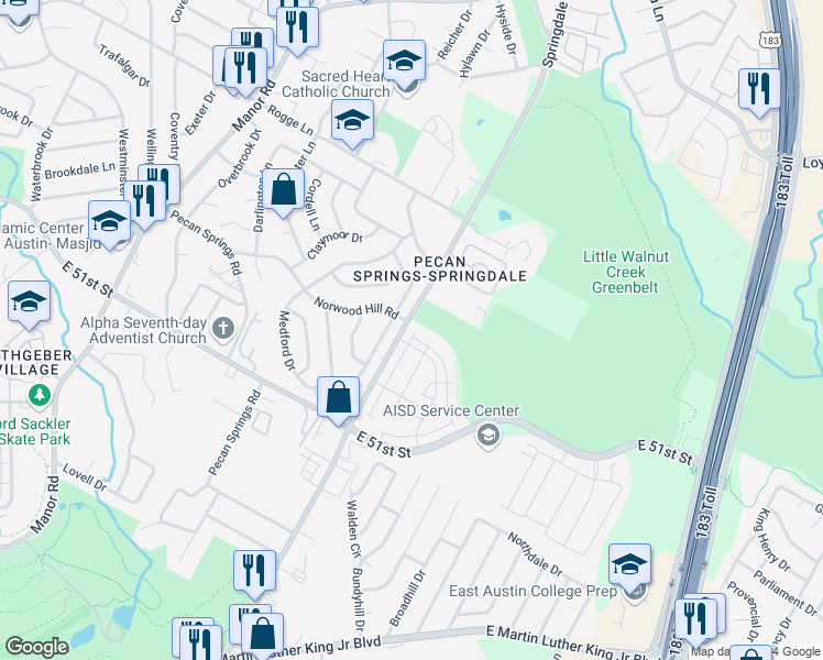 map of restaurants, bars, coffee shops, grocery stores, and more near 5506 Golden Canary Lane in Austin