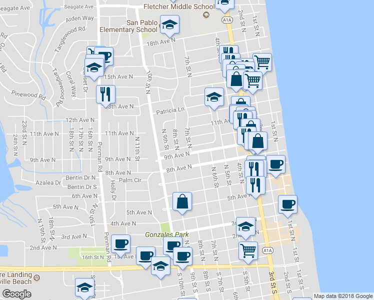 map of restaurants, bars, coffee shops, grocery stores, and more near 920 7th Street North in Jacksonville Beach