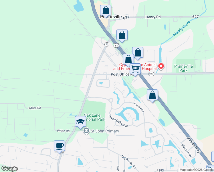 map of restaurants, bars, coffee shops, grocery stores, and more near 15432 Louisiana 73 in Prairieville