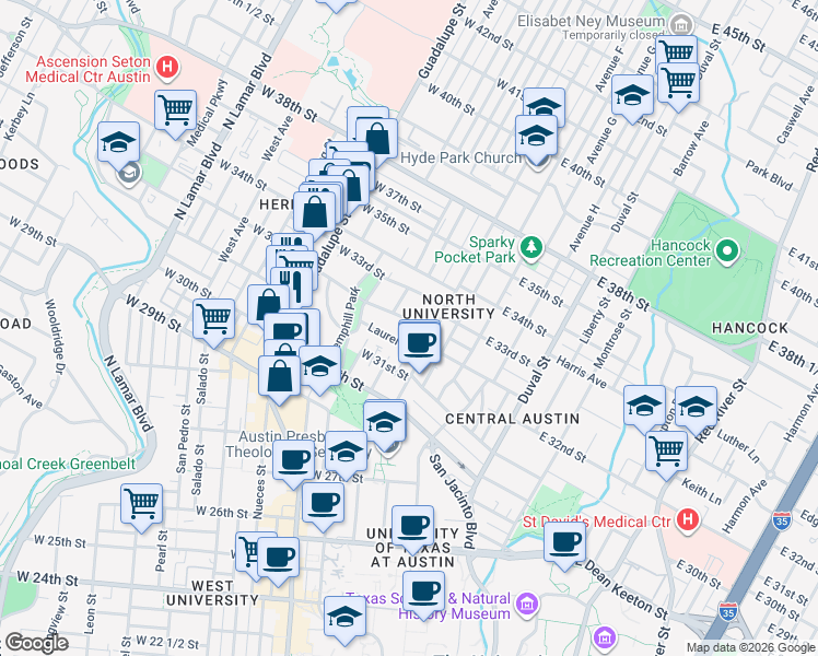 map of restaurants, bars, coffee shops, grocery stores, and more near 107 West 32nd Street in Austin