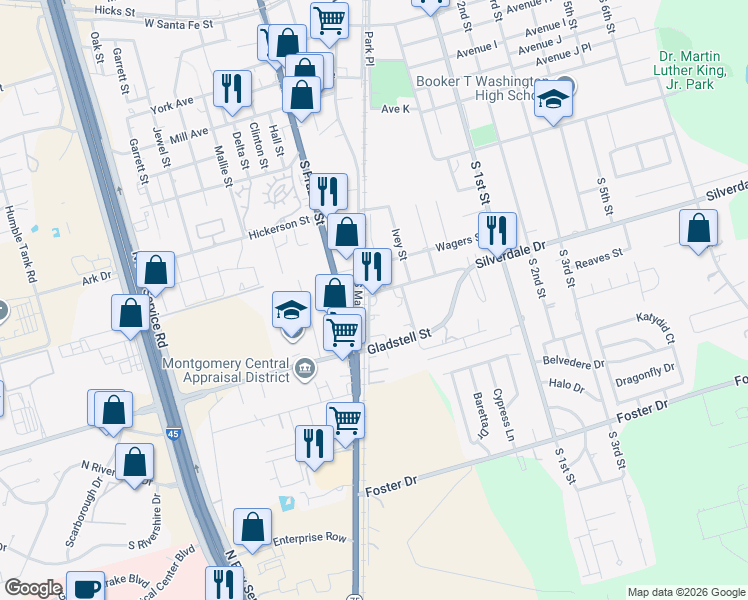 map of restaurants, bars, coffee shops, grocery stores, and more near 101 Silverdale Drive in Conroe