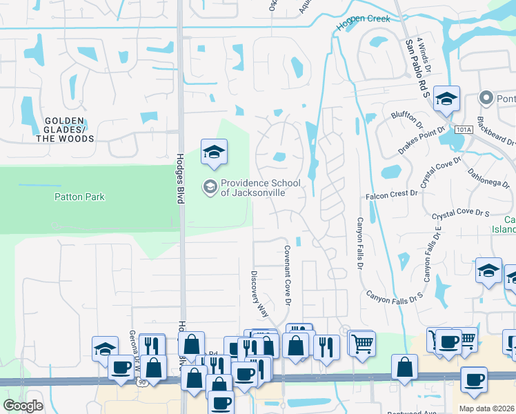 map of restaurants, bars, coffee shops, grocery stores, and more near 2897 Discovery Way in Jacksonville