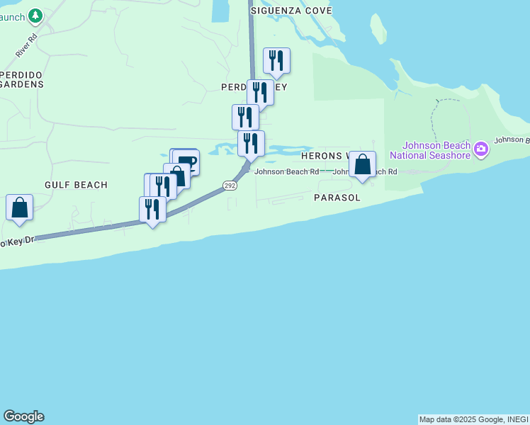 map of restaurants, bars, coffee shops, grocery stores, and more near 13575 Sandy Key Drive in Pensacola