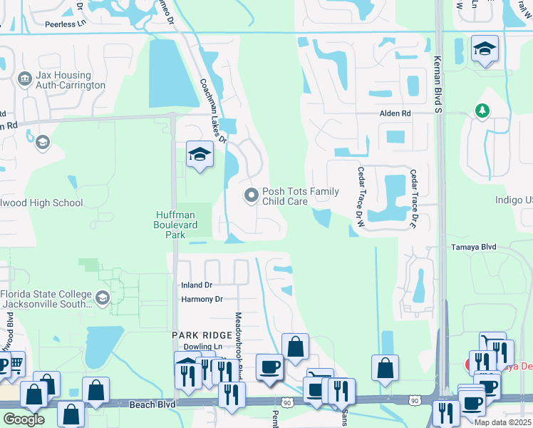 map of restaurants, bars, coffee shops, grocery stores, and more near 12087 Spindlewood Court in Jacksonville