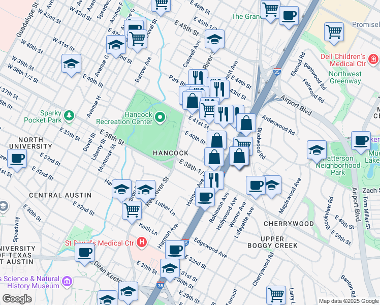map of restaurants, bars, coffee shops, grocery stores, and more near 3901 Becker Avenue in Austin