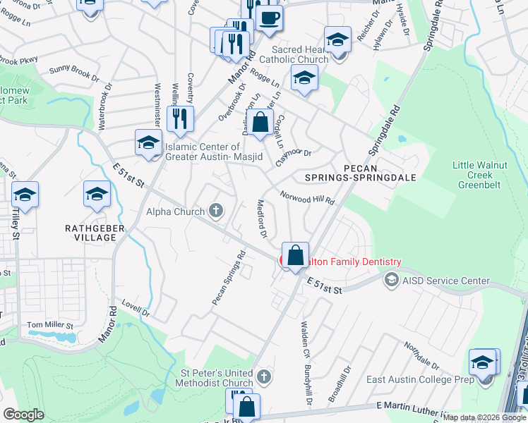 map of restaurants, bars, coffee shops, grocery stores, and more near 5305 Medford Drive in Austin