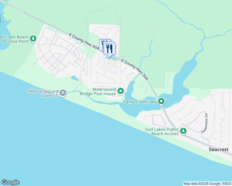 map of restaurants, bars, coffee shops, grocery stores, and more near 45 Tidal Bridge Way in Rosemary Beach