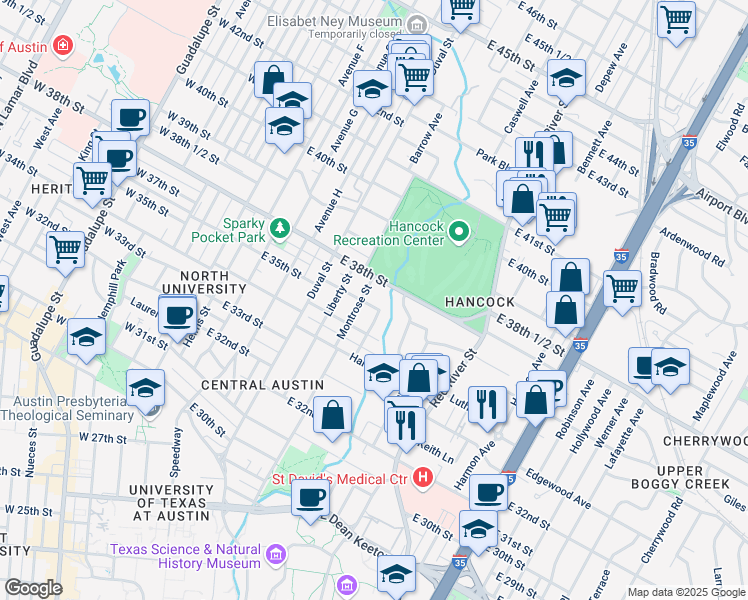 map of restaurants, bars, coffee shops, grocery stores, and more near 704 Texas Avenue in Austin