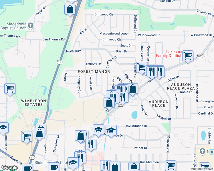 map of restaurants, bars, coffee shops, grocery stores, and more near 1133 Cawthorn Drive in Slidell
