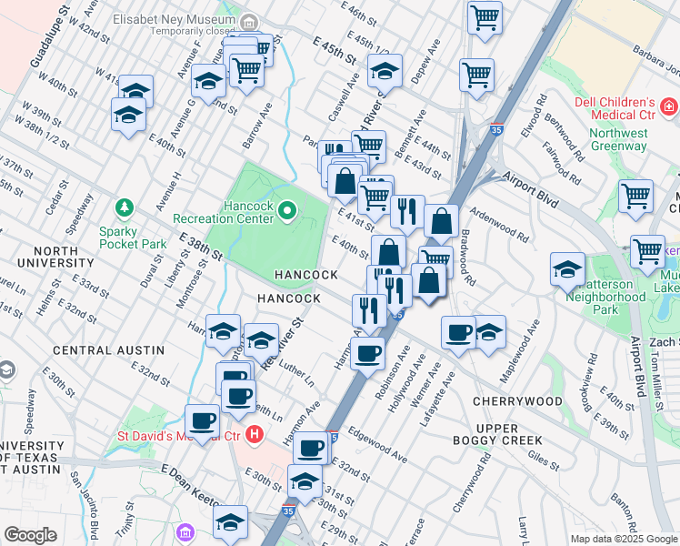 map of restaurants, bars, coffee shops, grocery stores, and more near 3901 Becker Avenue in Austin