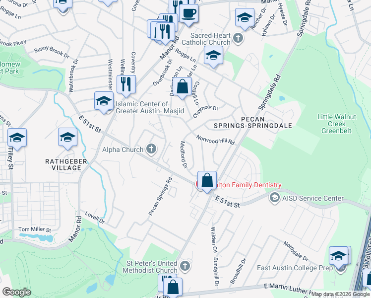 map of restaurants, bars, coffee shops, grocery stores, and more near 5305 Medford Drive in Austin