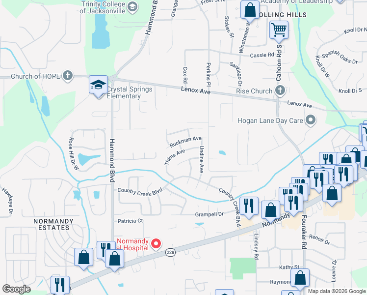 map of restaurants, bars, coffee shops, grocery stores, and more near 1443 Compton Road in Jacksonville