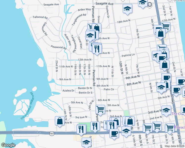 map of restaurants, bars, coffee shops, grocery stores, and more near 1038 Penman Road in Jacksonville Beach