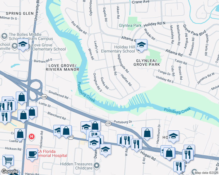 map of restaurants, bars, coffee shops, grocery stores, and more near 1173 Gunka Road in Jacksonville